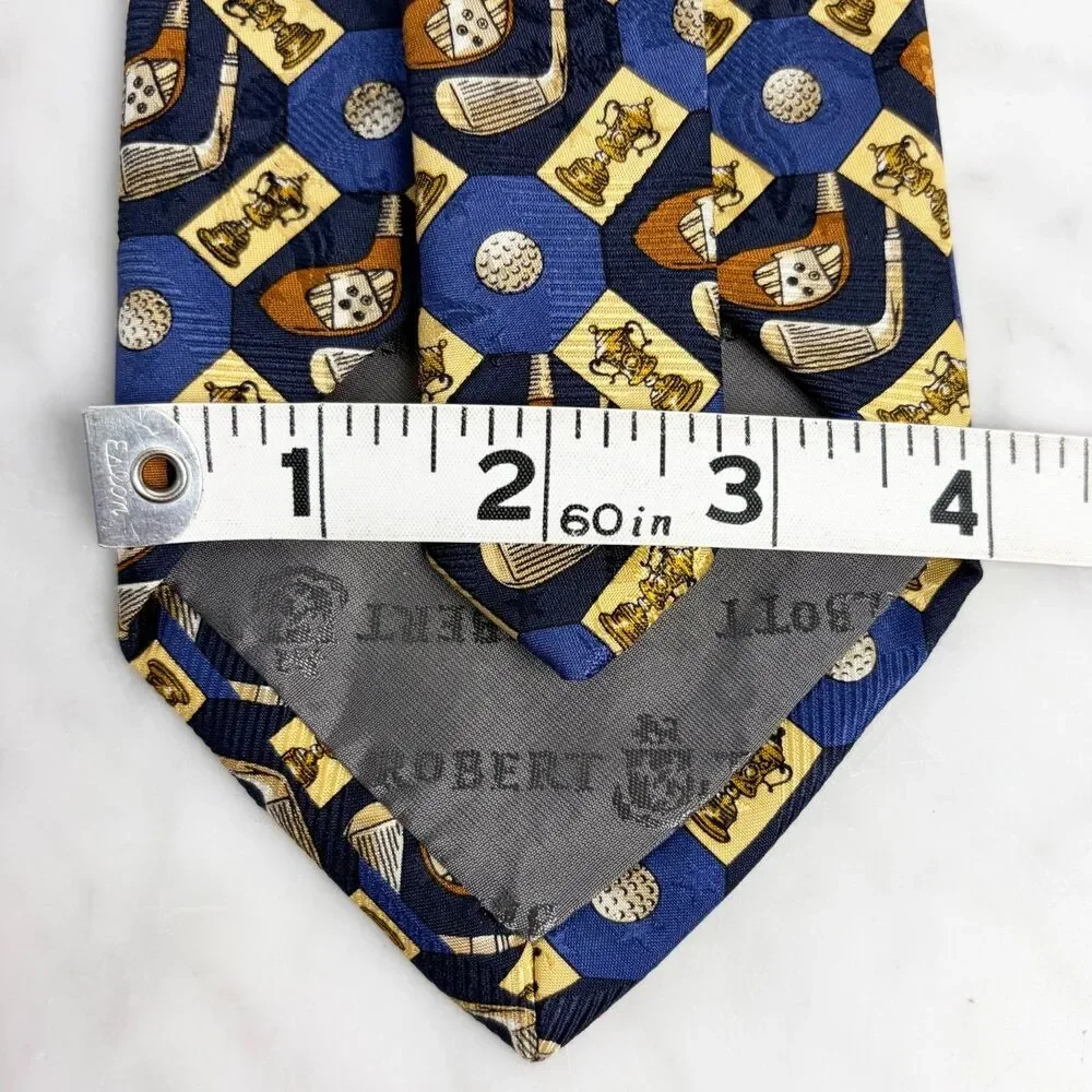 Robert Talbott Silk Tie Golf Trophy Clubs Balls Blue Gold Brown Made in USA